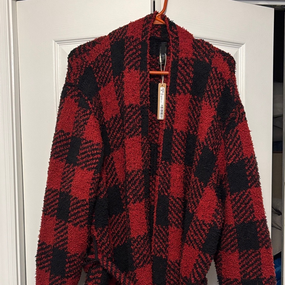 SKIMS Red and Black Checkered Robe Cozy Knit